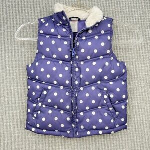 Gymboree Girls Puffer Vest Size S (5-6)‎ Purple White Polka Dot Faux Fur Trim